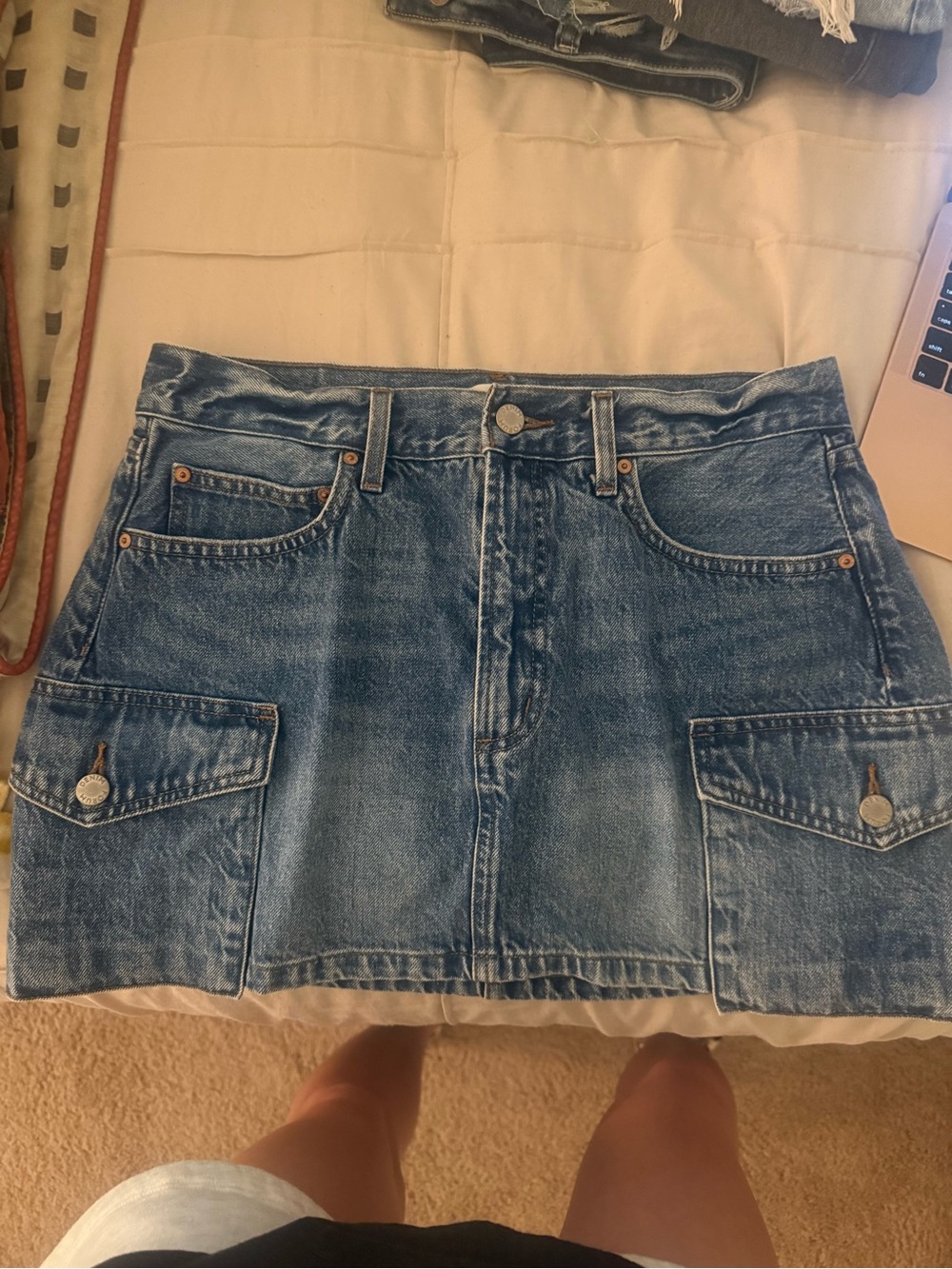 Denim Forum Distressed Blue Cargo Pocket Mini Skirt
